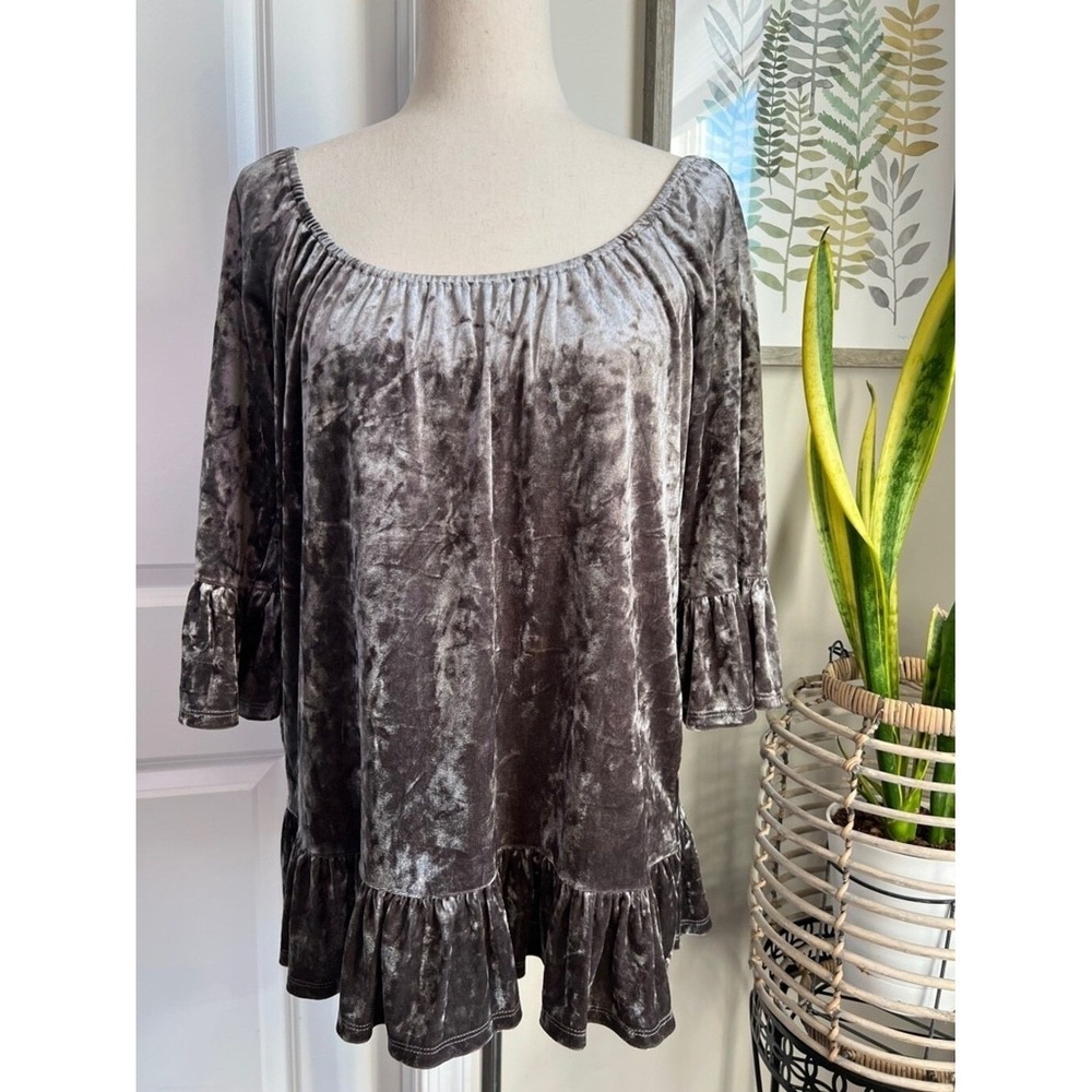 Beach Lunch Lounge Crushed Velvet Peplum Top Brown Bell Sleeve Ruffle Hem Large‎